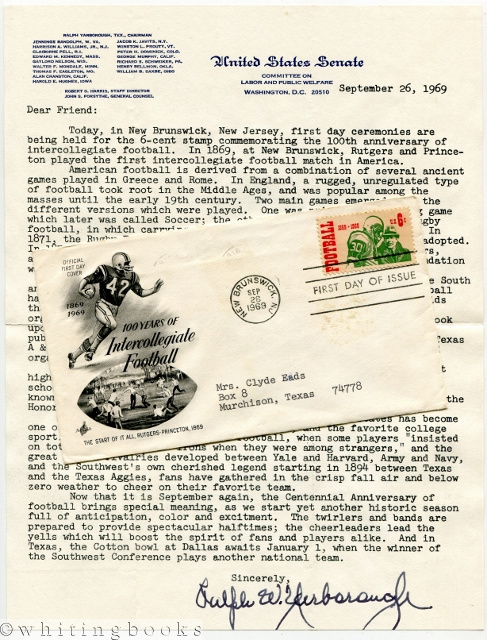 Image for 1969 First Day Cover (Football Stamp) with Enclosed Typed Letter Signed from Senator Ralph Yarborough [Texas] on United States Senate Letterhead
