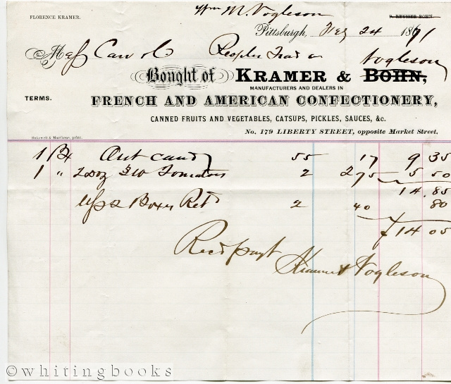 Image for 1871 Billhead for Kramer & Vogelson Confectionery in Pittsburgh, Pennsylvania