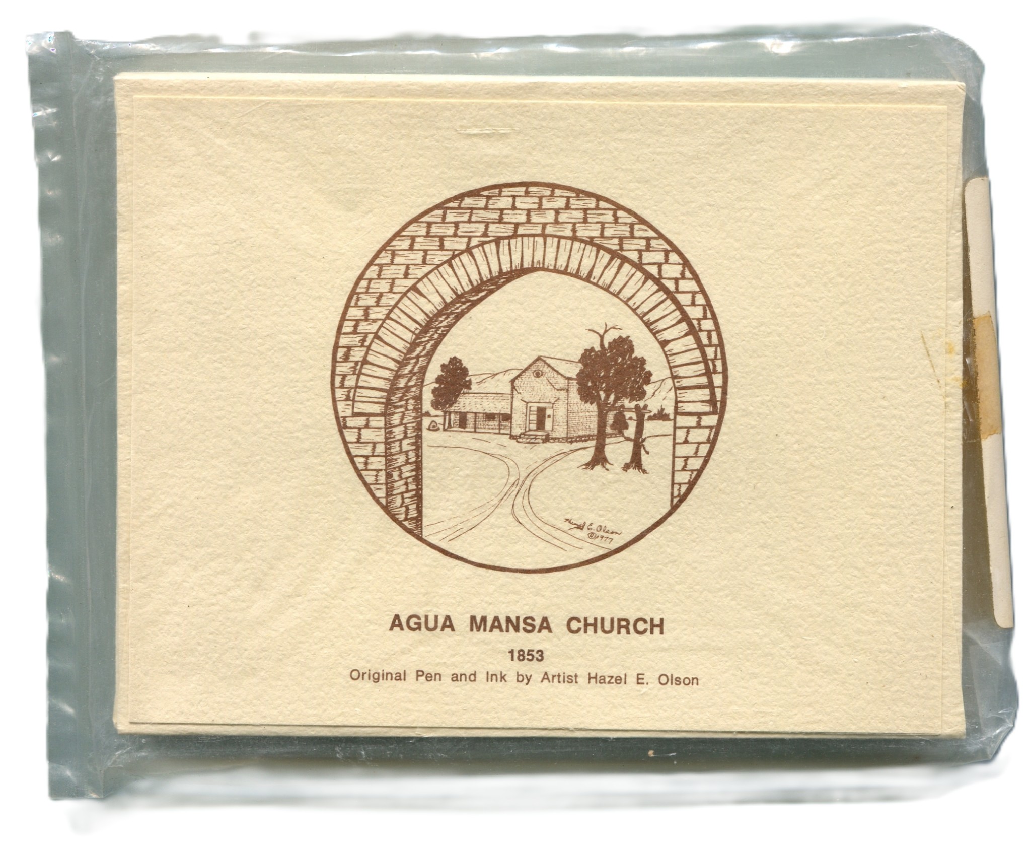 Hazel E. Olson Pen and Ink Drawing [Note Cards] of Agua Mansa Church, San Bernardino County, California, 1853