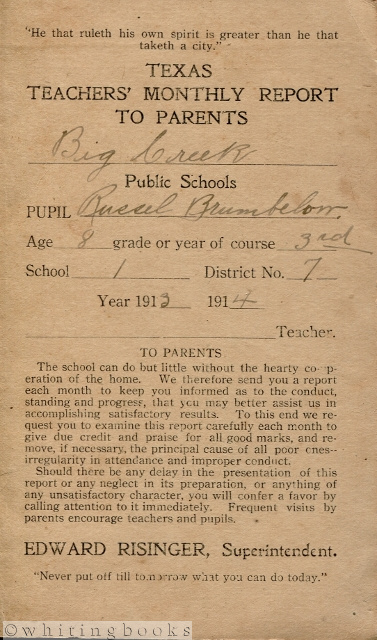 Image for Report Card from Big Creek School in Fort Bend County, Texas 1913-1914: Rare Ephemera from a Settlement Long Gone from the Map (if it was ever on one)