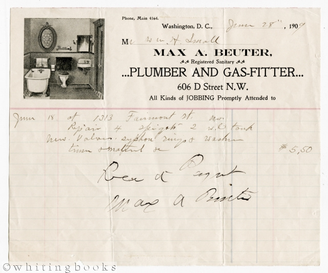 Image for Billhead for Max A. Beuter, Plumber and Gas-Fitter, Washington, D.C. 1909
