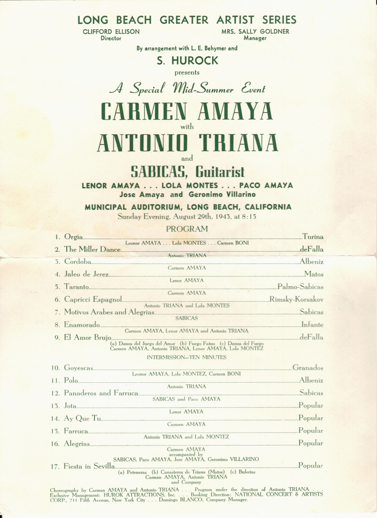 Long Beach Greater Artist Series 1943 Program: Carmen Amaya with Antonio Triana and Sabicas, Guitarist; Sunday Evening, August 29th, 1943, at Municipal Auditorium, Long Beach, California