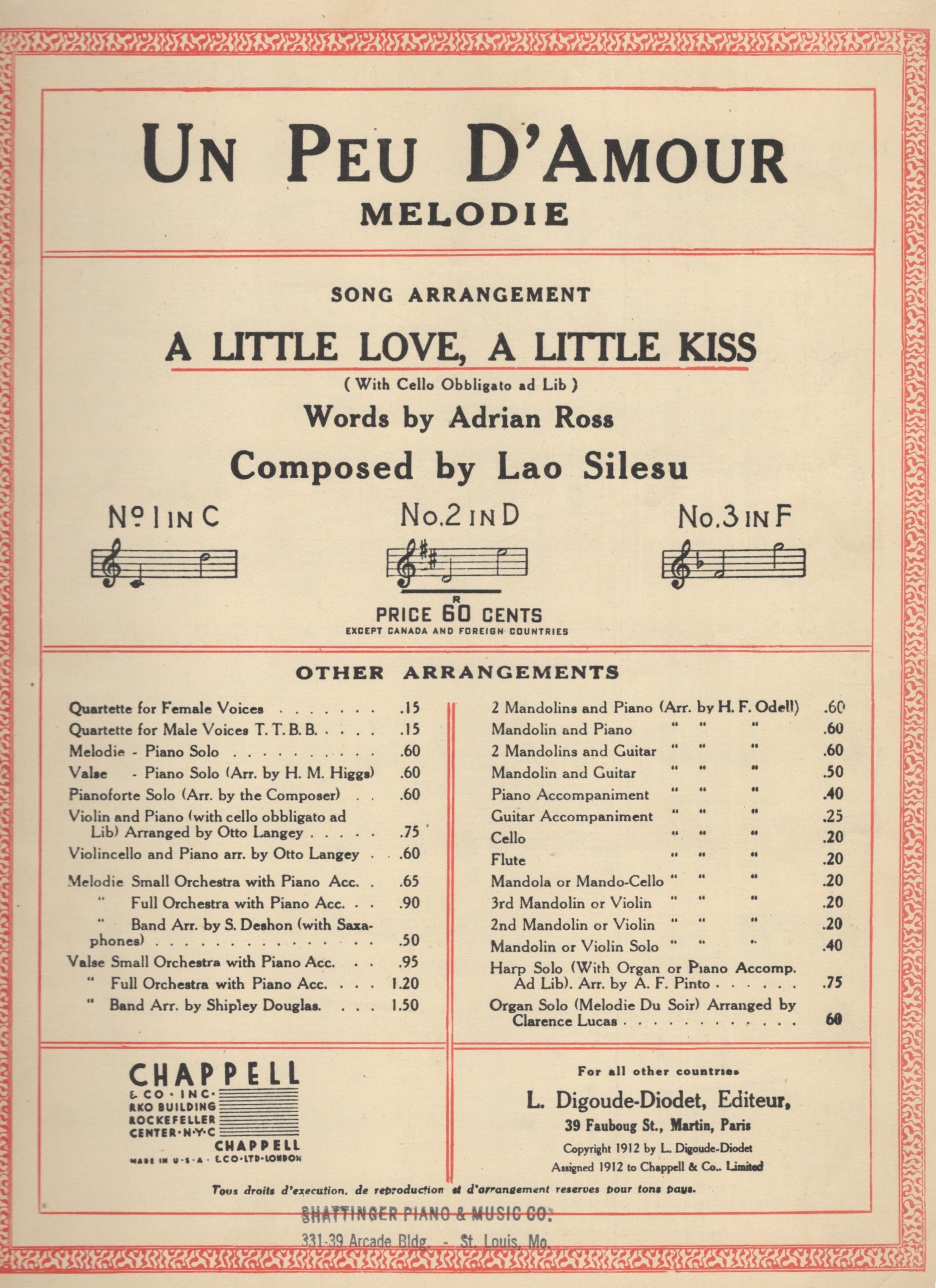 A Little Love, A Little Kiss (Un Peu D'Amour) with Cello Obbligato ad lib; No. 2 in D