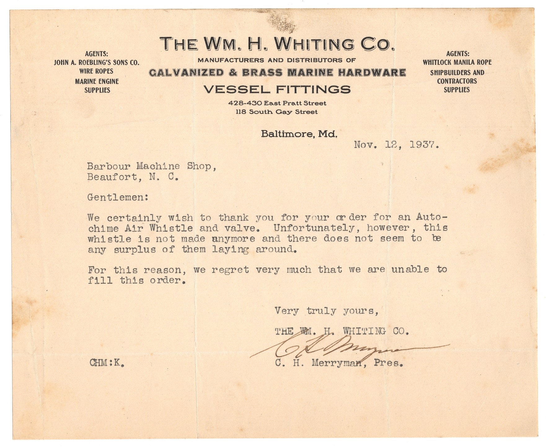 1937 Letterhead for Wm. H. Whiting Co. (Baltimore, Maryland), Manufacturers and Distributors of Galvanized & Brass Marine Hardware Vessel Fittings