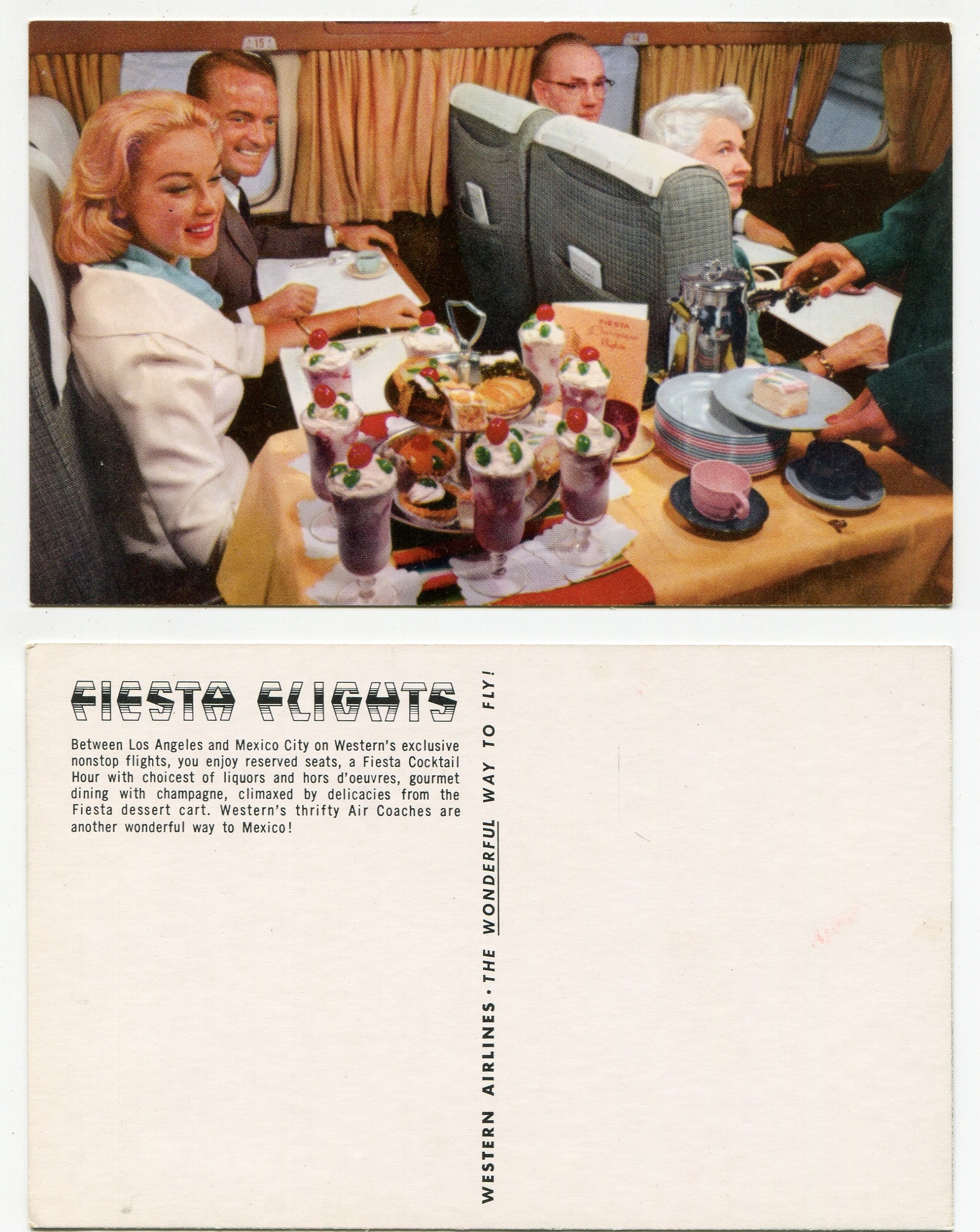 Western Airlines Fiesta Flights, Los Angeles to Mexico, Color Postcard 1950s