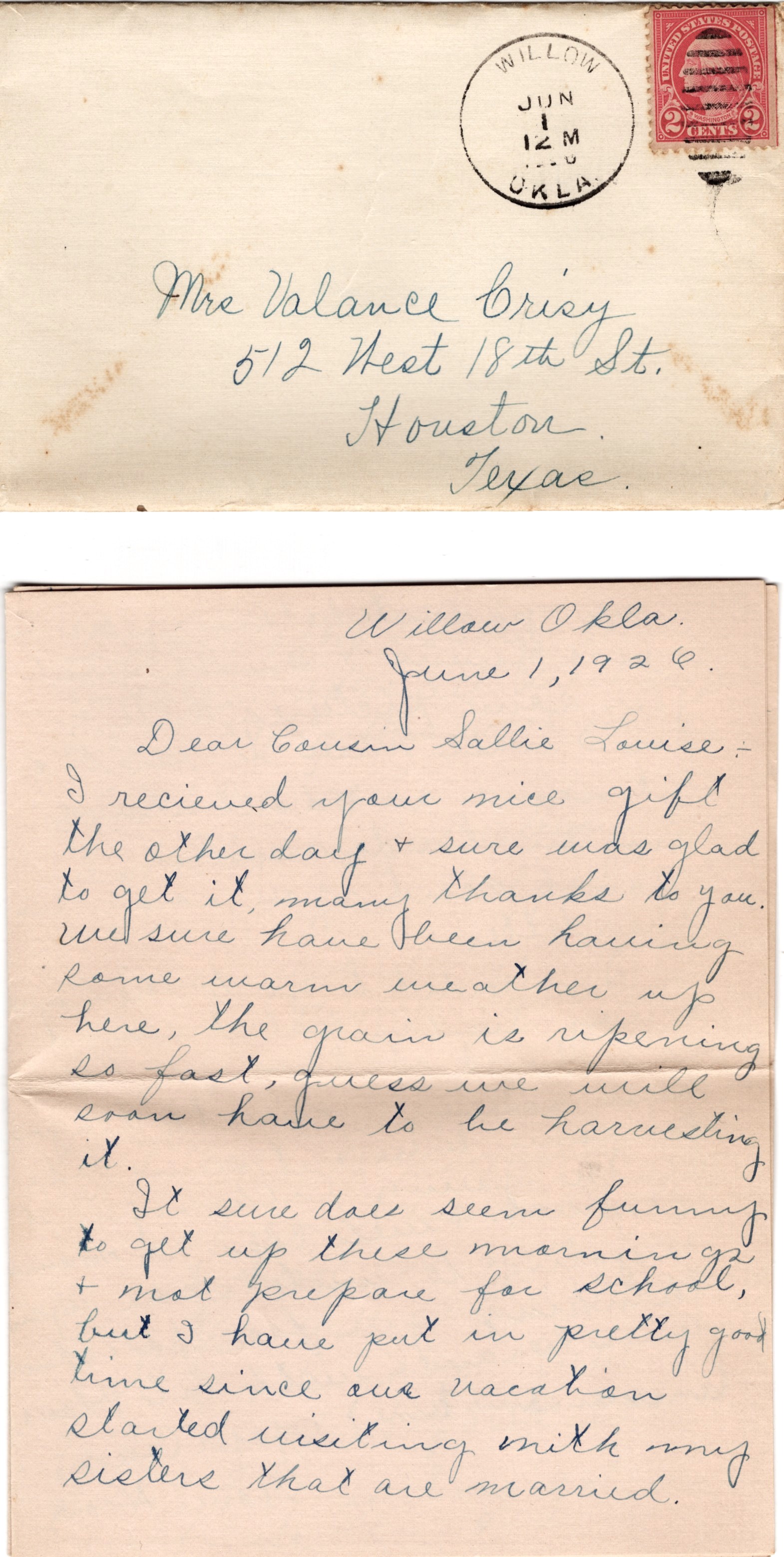 Willow Oklahoma Cover 1926 Letter Farming Poultry Hood Family Greer County