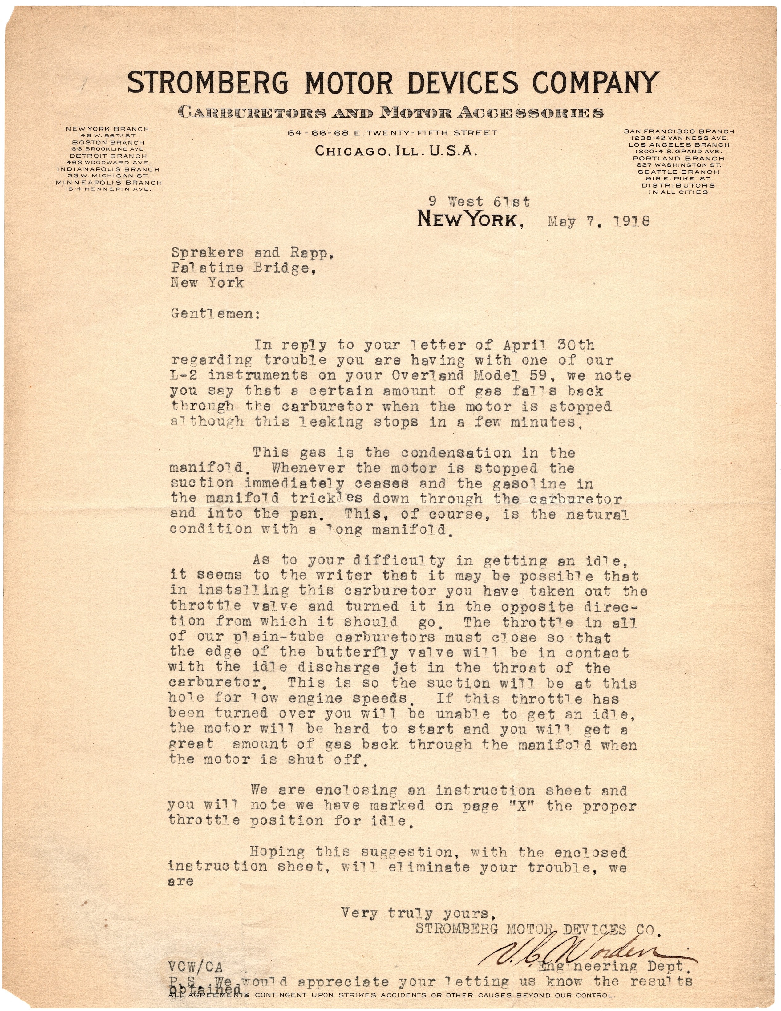 1918 Letterhead Sheet: Stromberg Motor Devices Company (Chicago) - Carburetors and Motor Accessories
