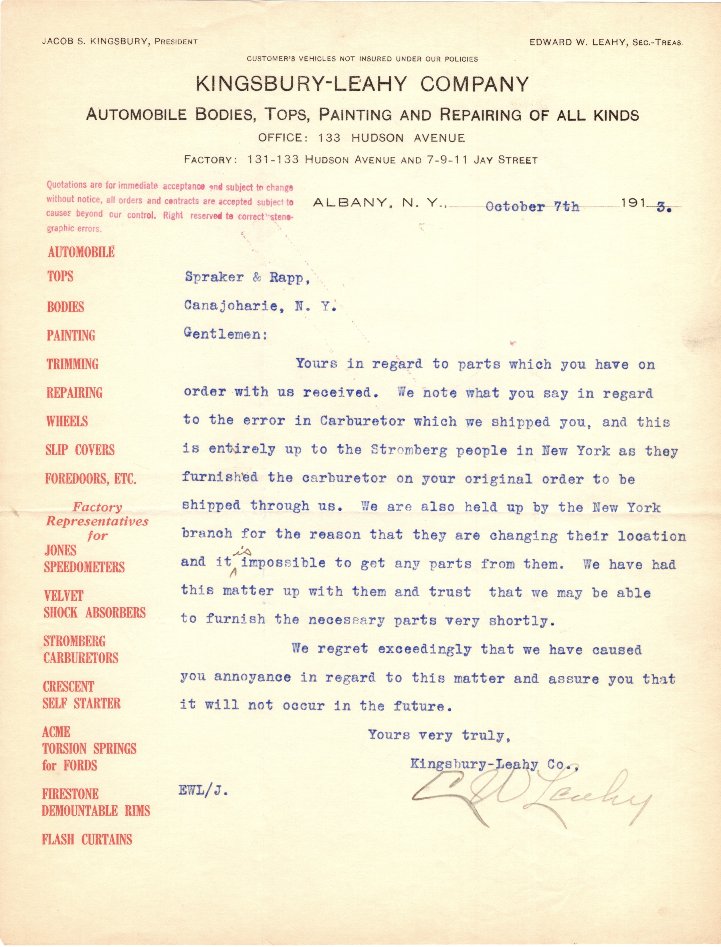 1913 Letterhead Sheet: Kingsbury-Leahy Company, Albany, NY, Automobile Bodies Repairs