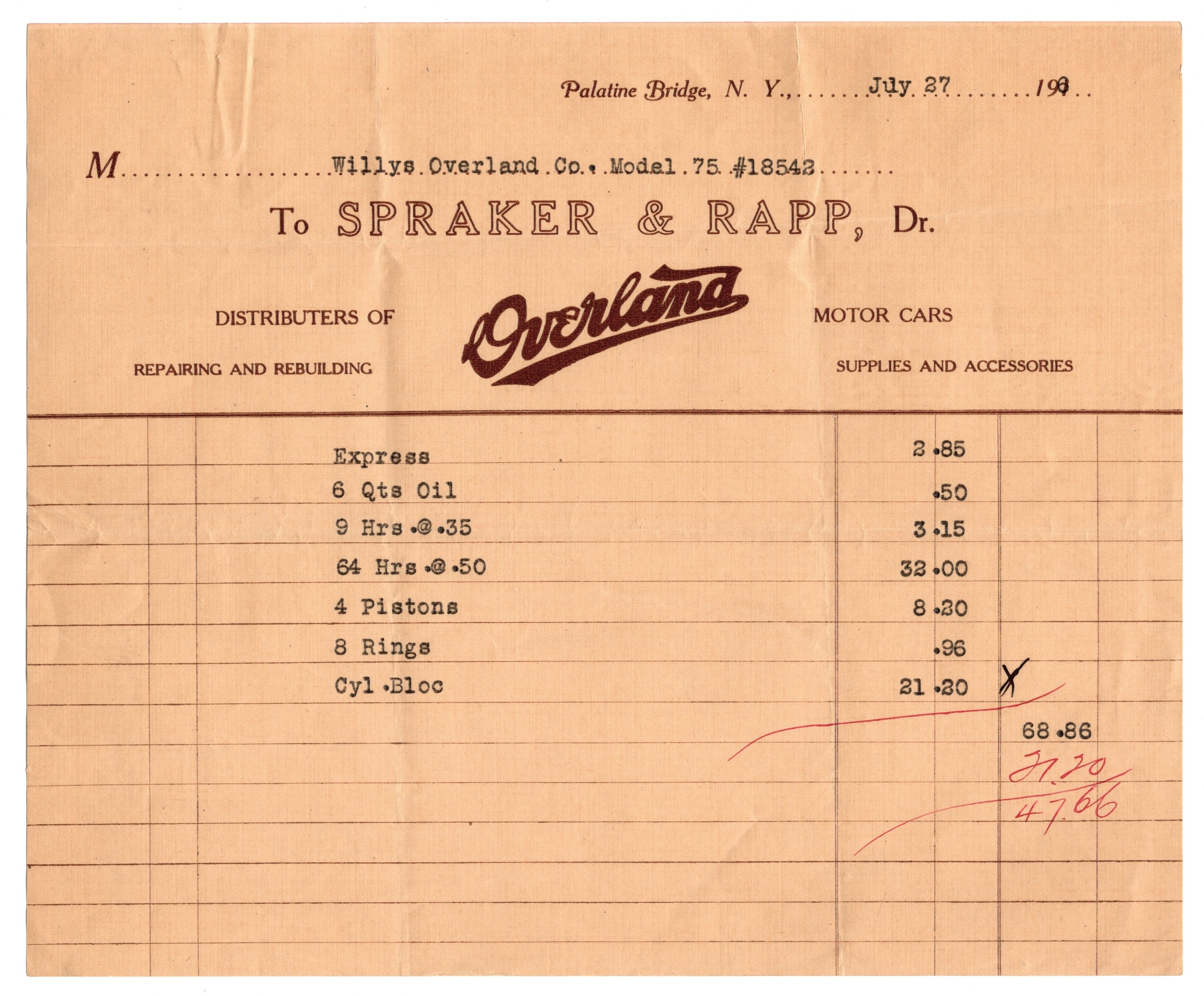 Spraker & Rapp Billhead, 1916, Palatine Bridge NY - Willys Overland Cars Supplies