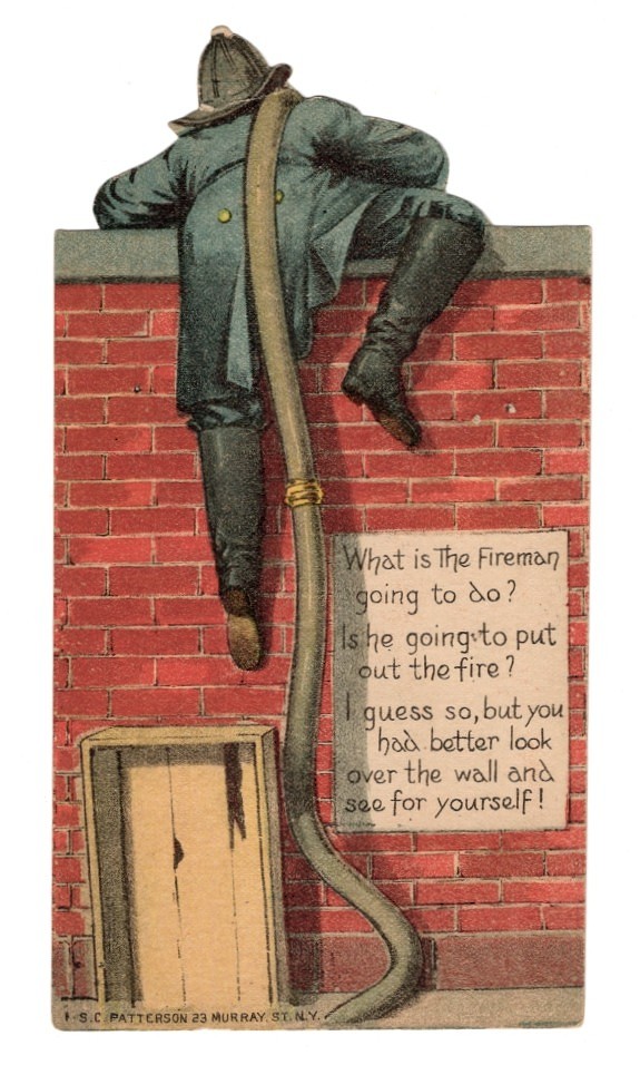 Die-Cut Ad Card for Phenix Insurance Company, circa 1880s to 1890s - Fireman Climbing Over a Wall to Put out a Fire