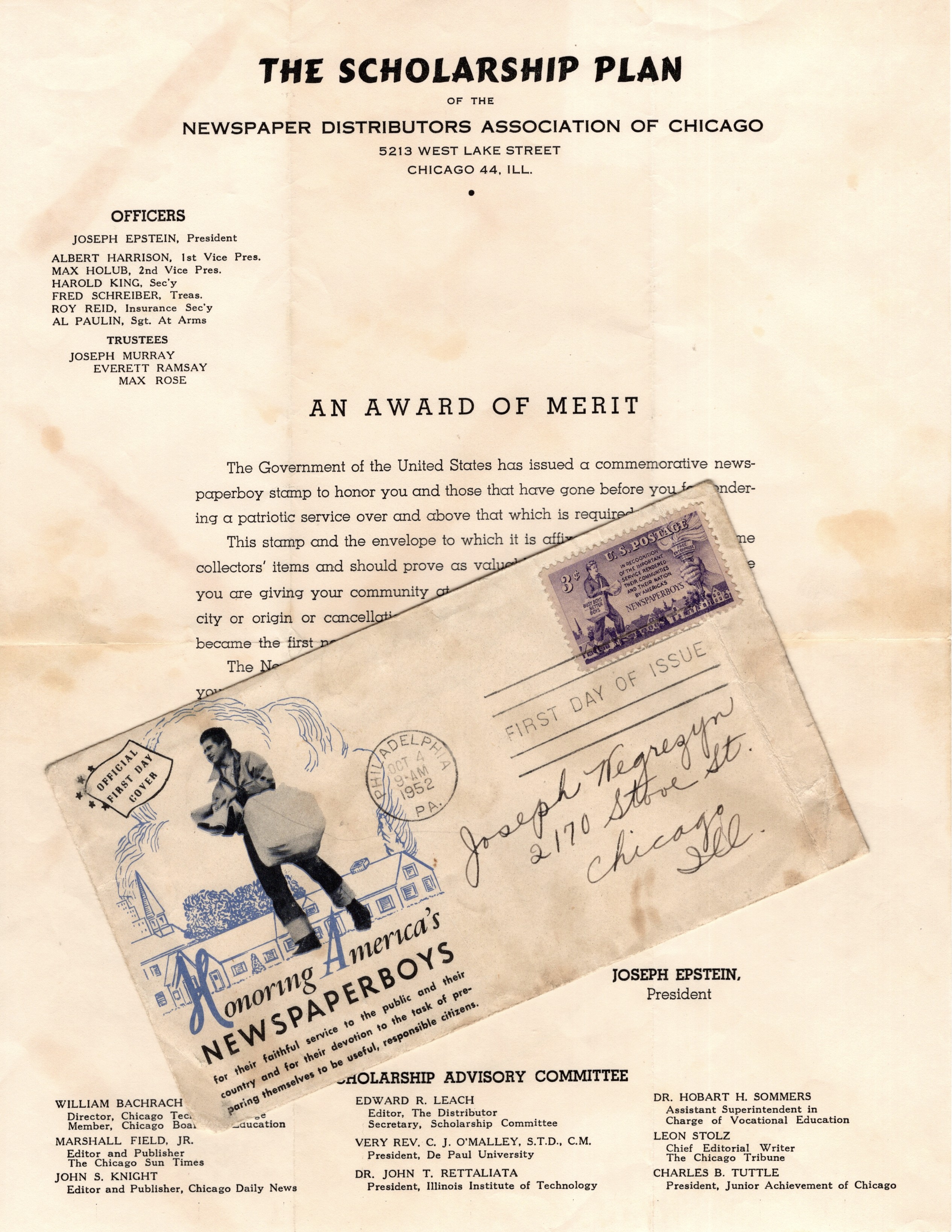 Typed Letter from The Newspaper Distributors Association in Chicago Announcing a Scholarship Plan for Newspaperboys and Stamp to Honor their Work; First Day Cover for the Stamp Included with Letter