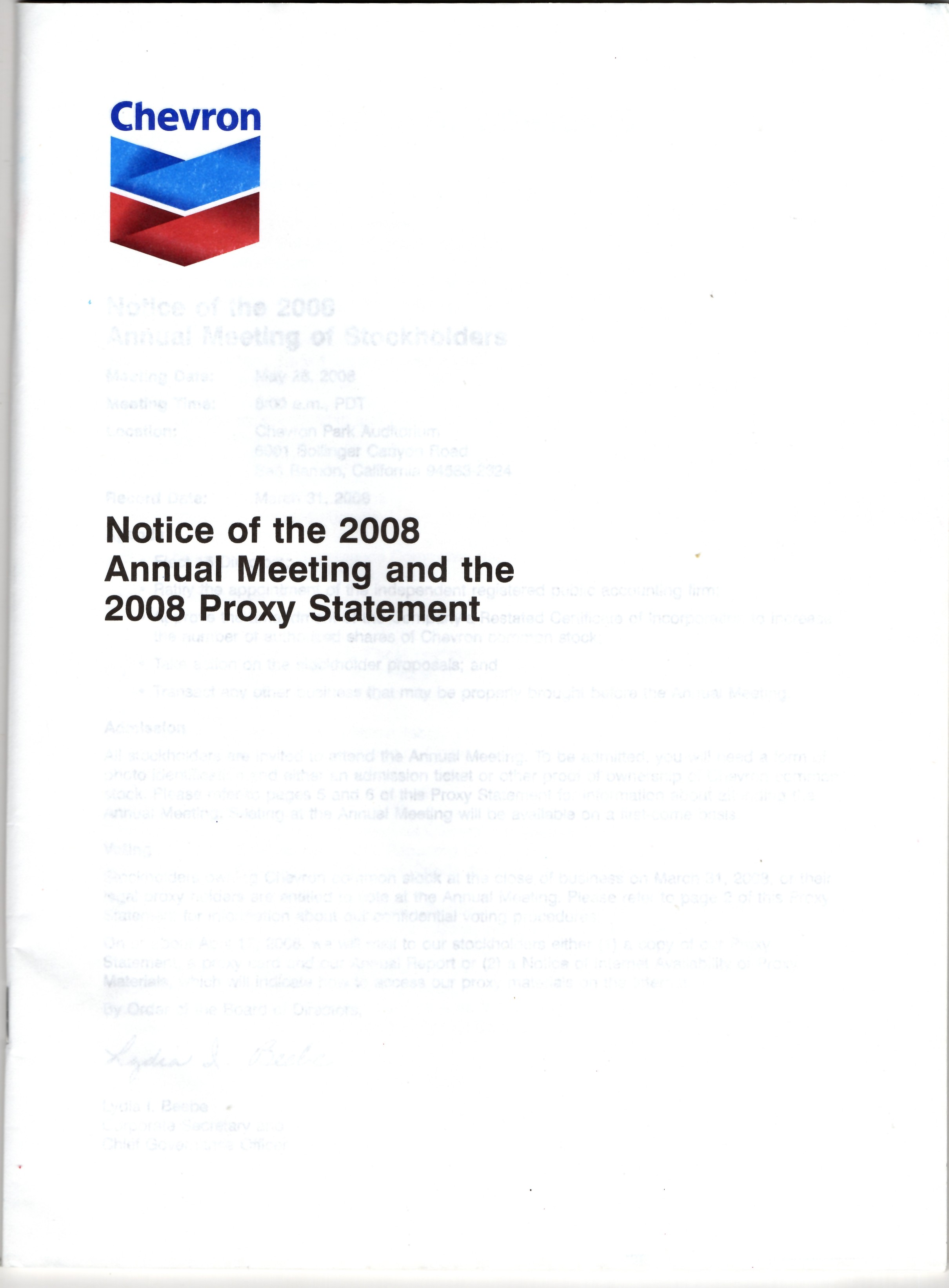 Chevron 2007 Annual Report with Notice of 2008 Annual Meeting and the 2008 Proxy Statement
