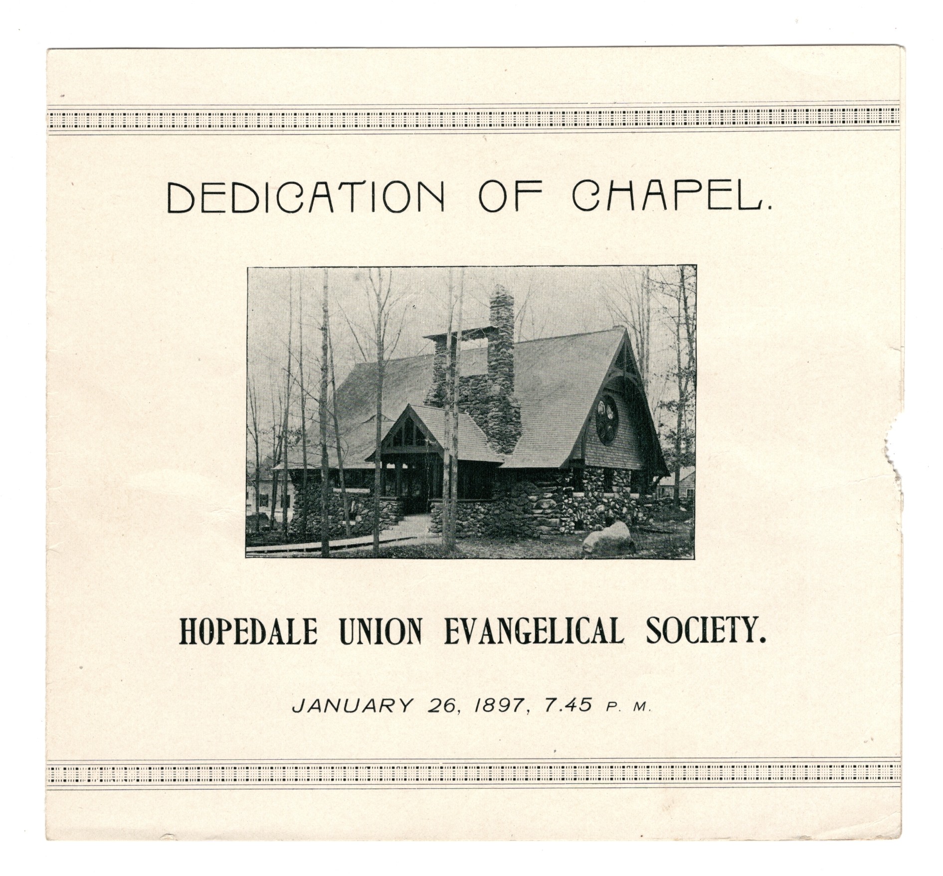 Hopedale Union Evangelical Society Programme - Dedication of Chapel January 26, 1897