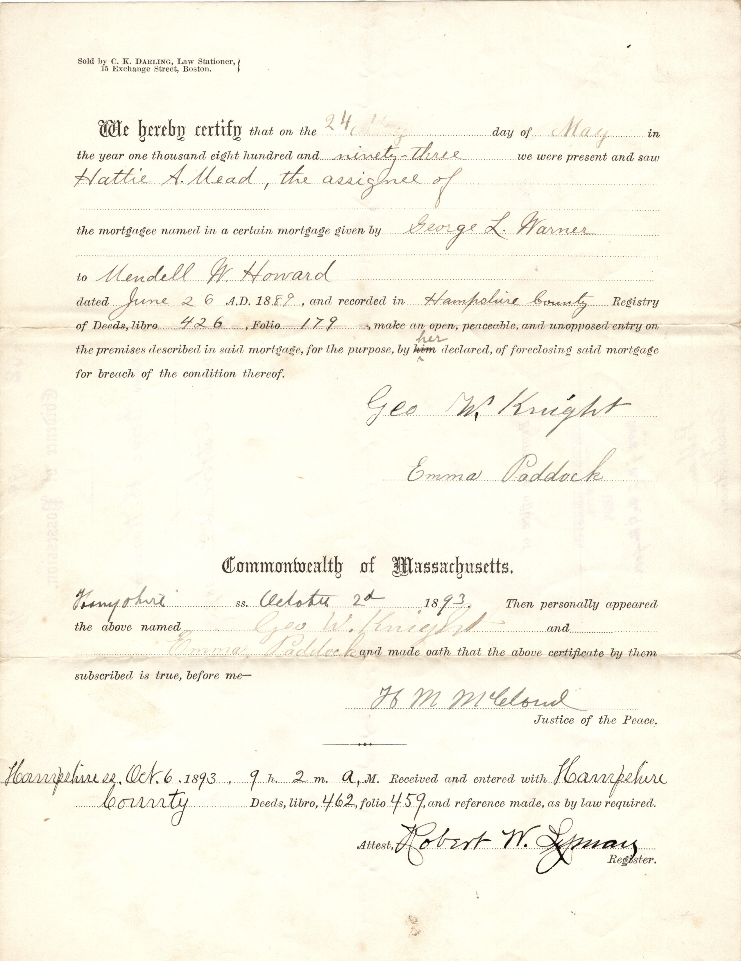 Evidence of Possession, Mortgage Foreclosure Document for Hampshire County in the Commonwealth of Massachusetts, October 6, 1893