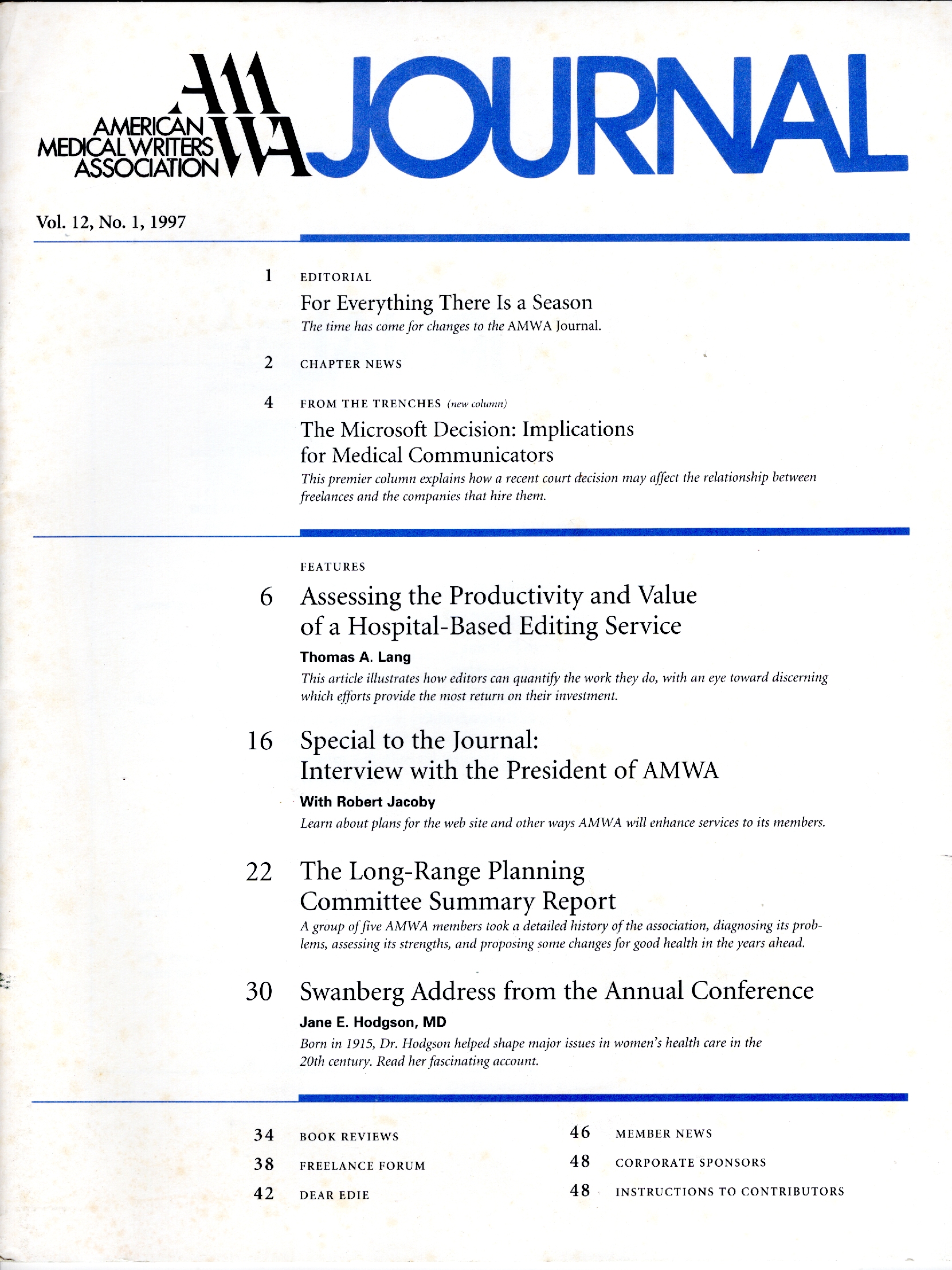 American Medical Writers Association (AMWA) Journal; Vol. 12, No. 1; 1997