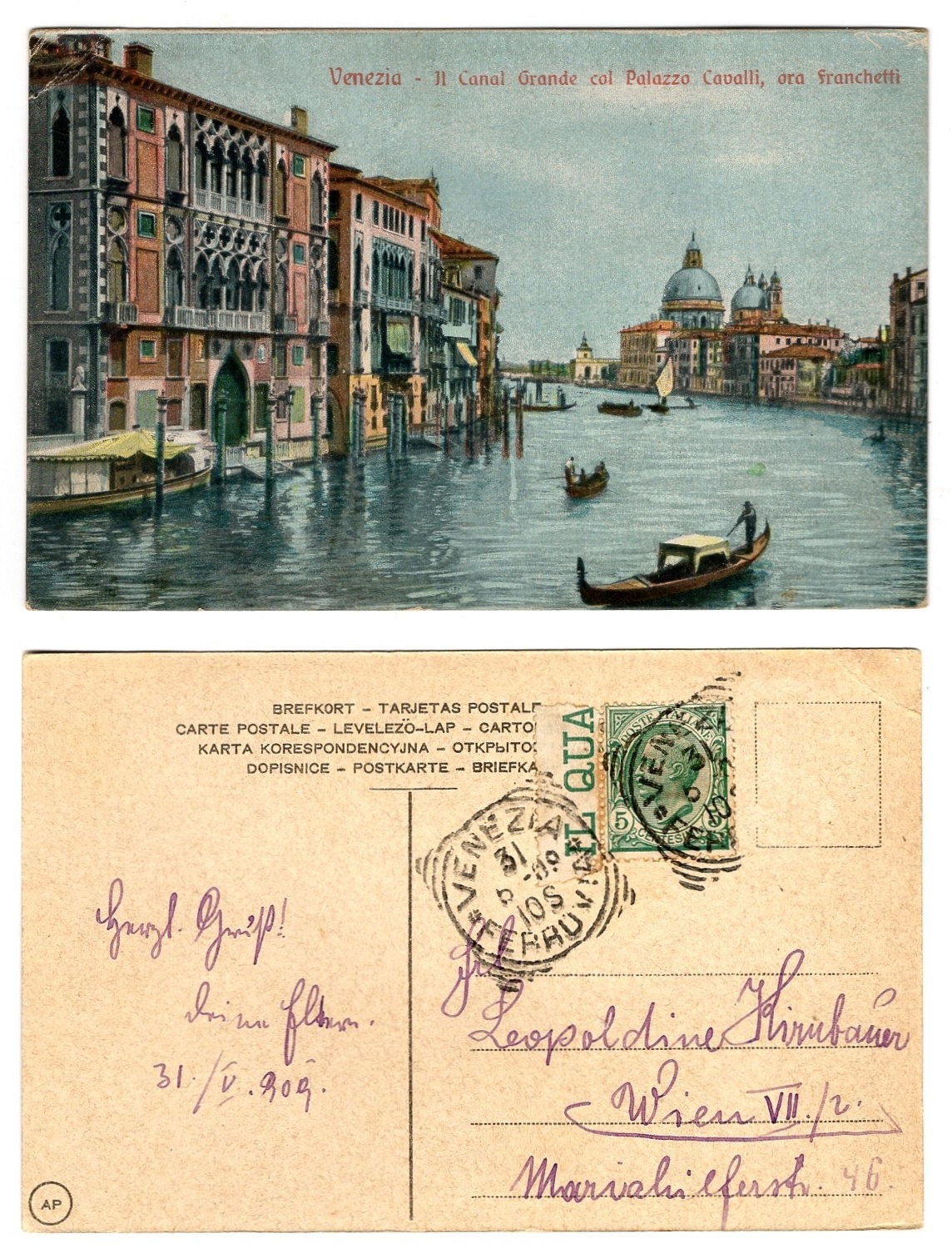 Vintage Venice, Italy Postcard: Venezia - Il Canal Grande col Palazzo Cavalli ora Franchetti