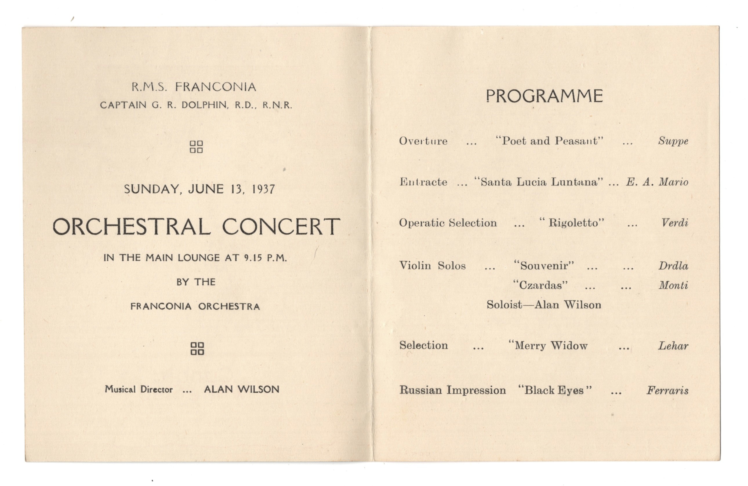Cunard White Star Concert Programme R.M.S. Franconia June 13, 1937