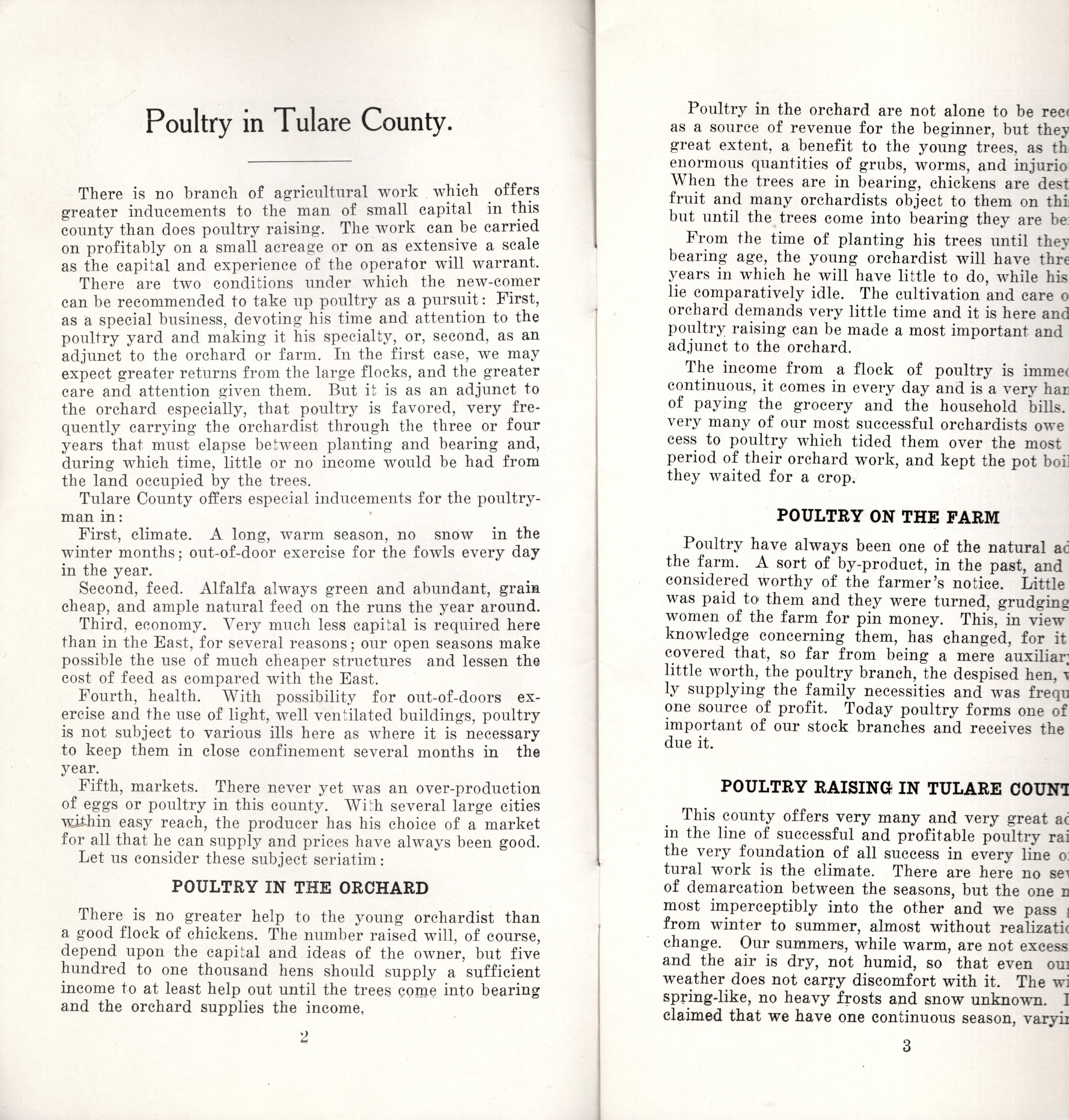 Poultry in Tulare County, Brochure Issued by the Tulare County Board of Trade, Visalia, California circa 1915