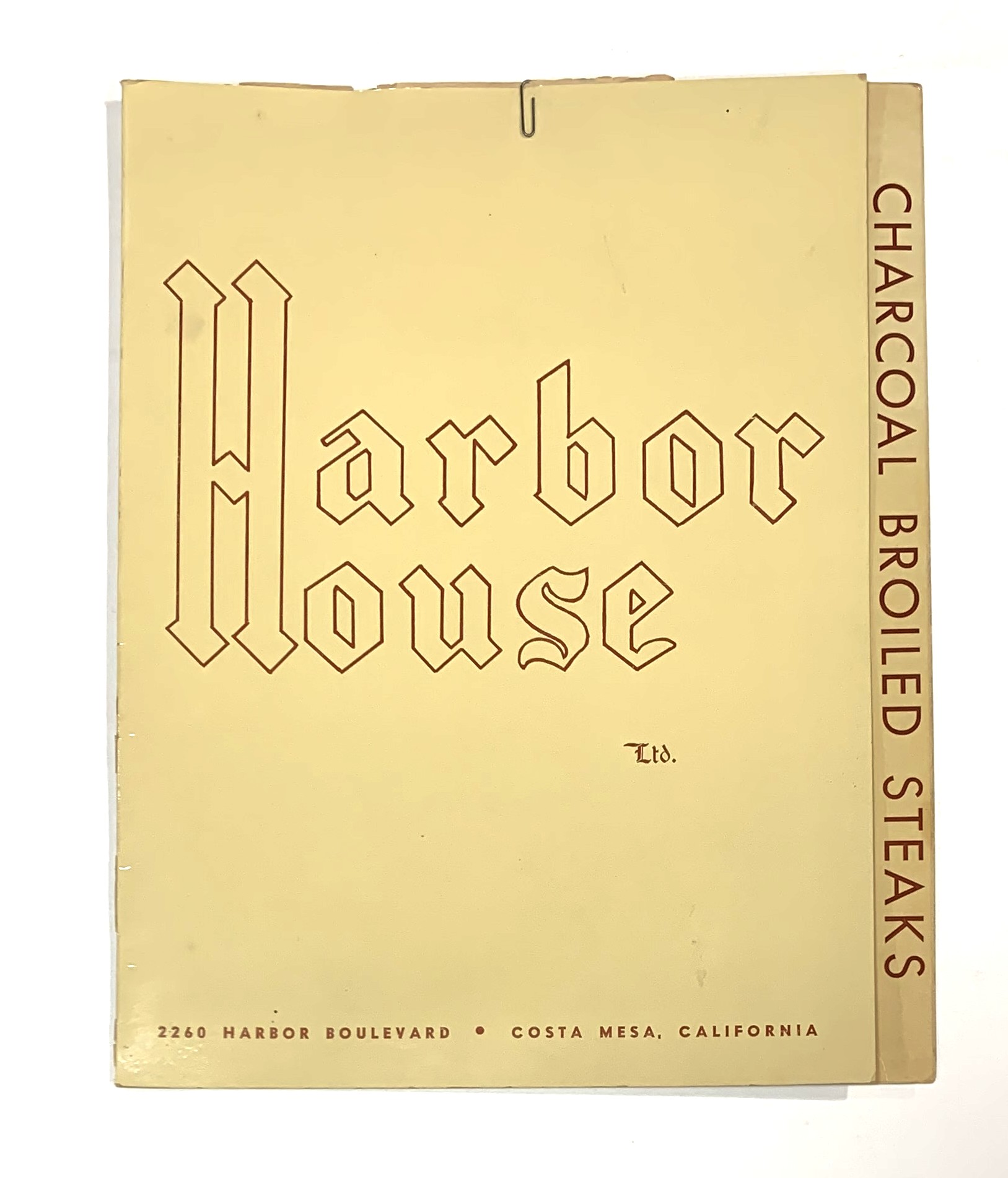 Menu for the Harbor House in Costa Mesa, California Featuring Charcoal Broiled Steaks