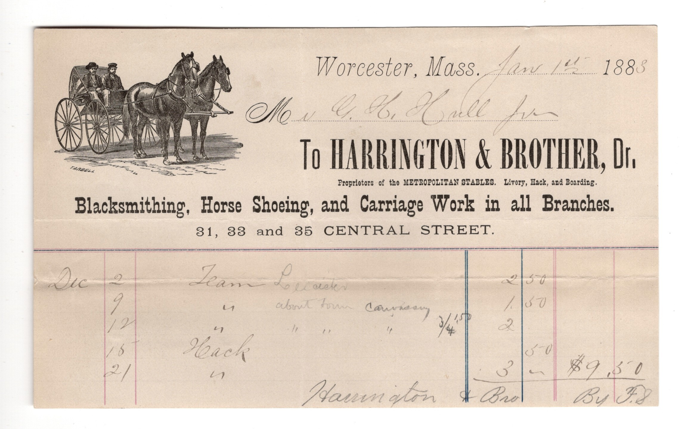 1883 Worcester, Massachusetts Billhead: Harrington & Brother - Blacksmithing, Horse Shoeing, Carriage Work