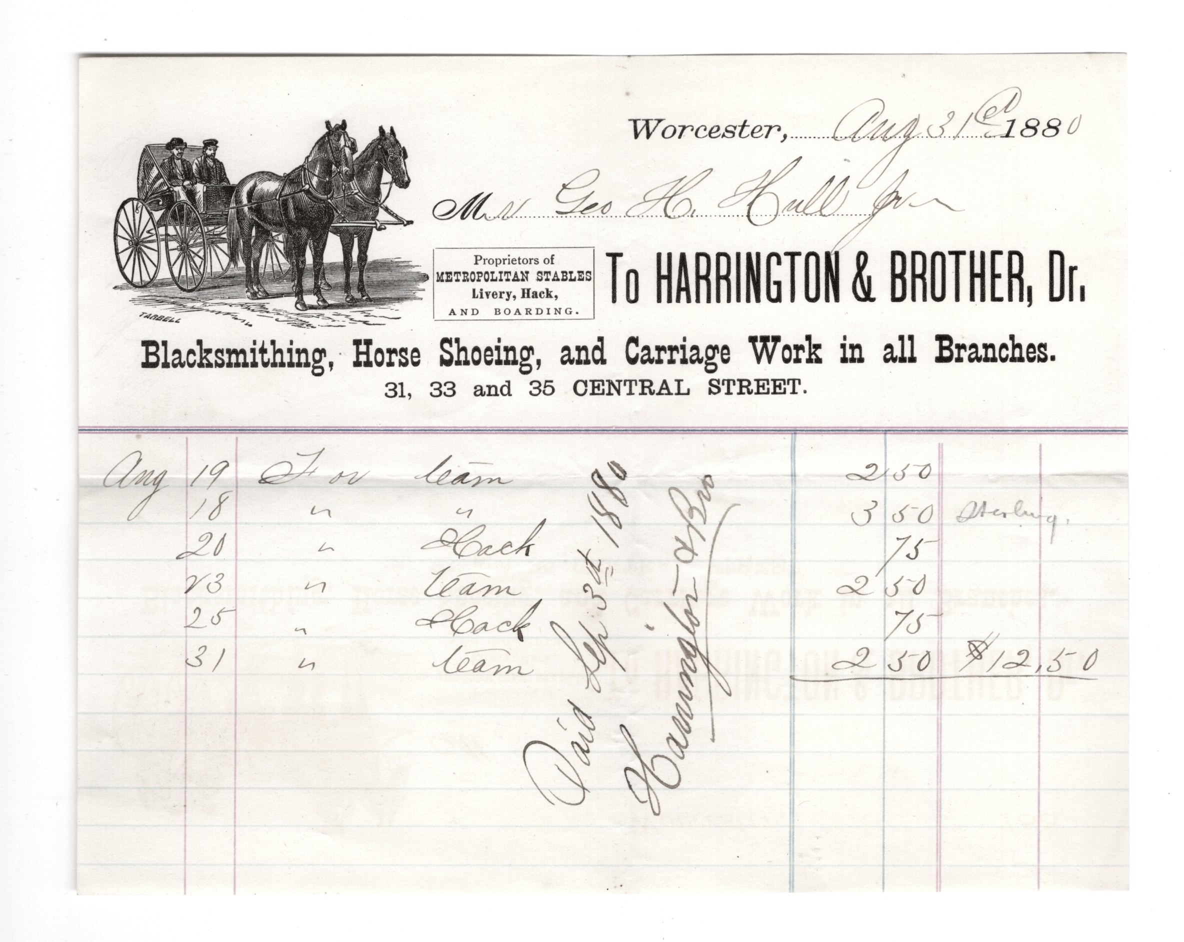 1880 Worcester, Massachusetts Billhead: Harrington & Brother - Blacksmithing, Horse Shoeing, Carriage Work