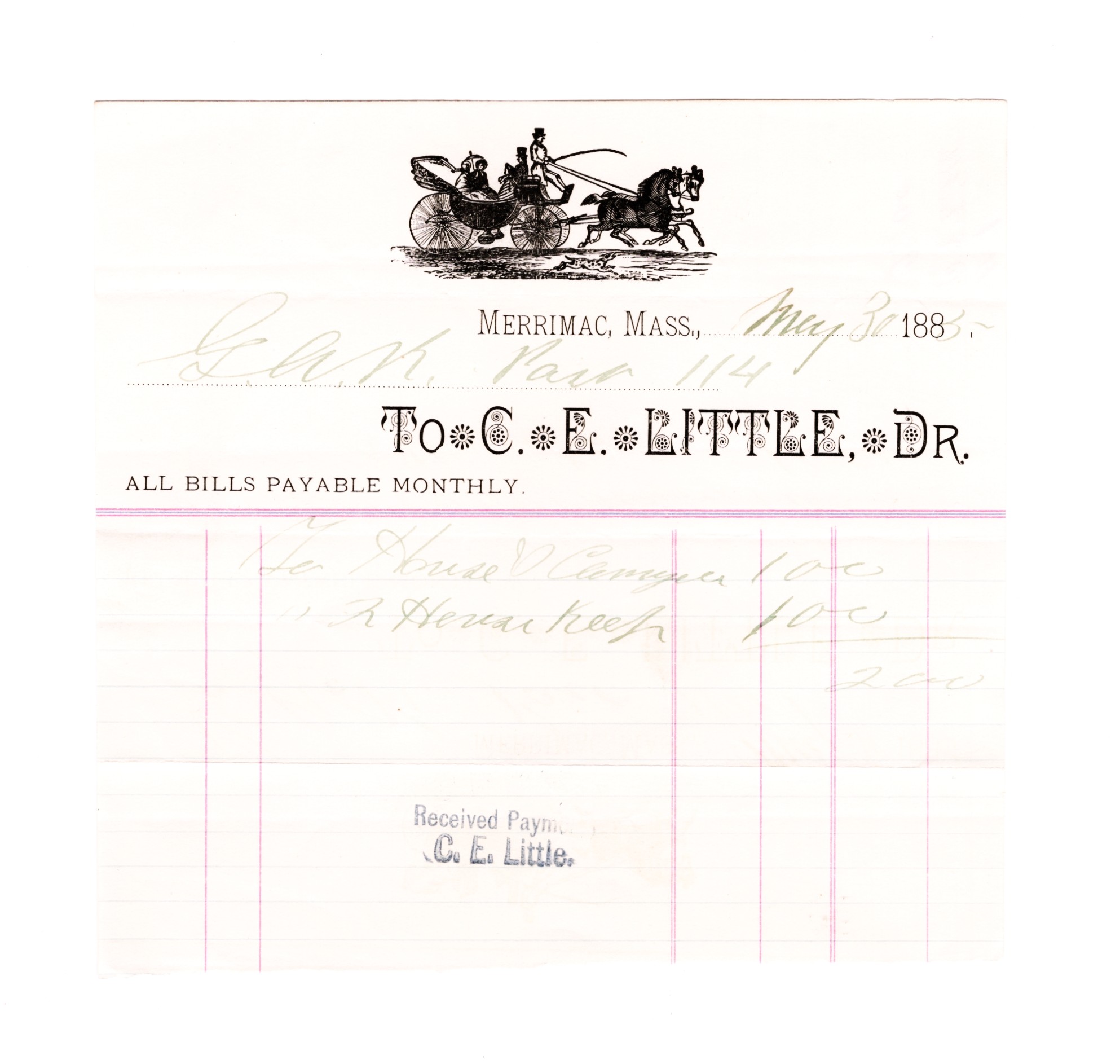 1885 Merrimac, Massachusetts Billhead: C.E. Little