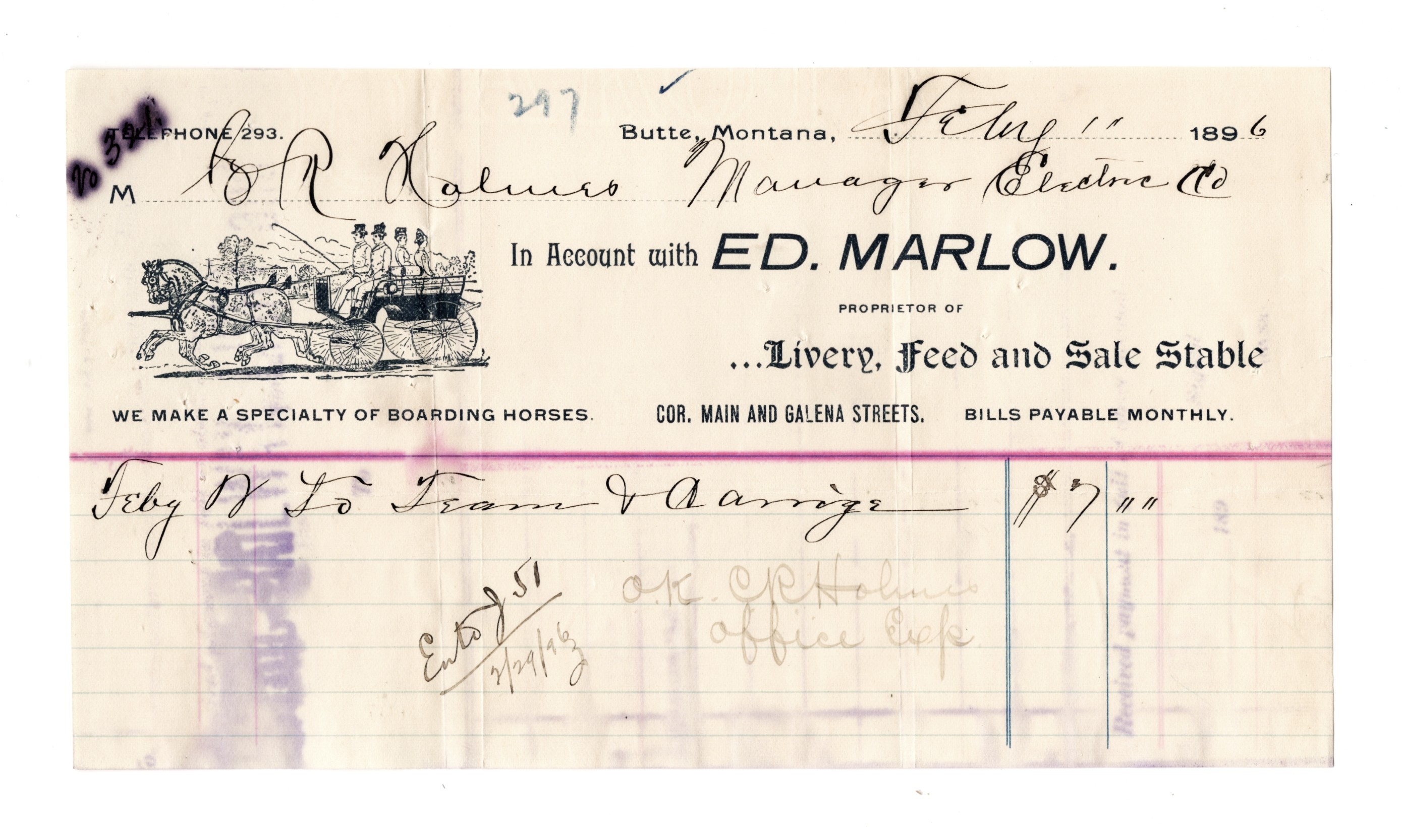 1896 Butte, Montana Illustrated Billhead: Ed. Marlow, Proprietor of Livery, Feed, and Sale Stable