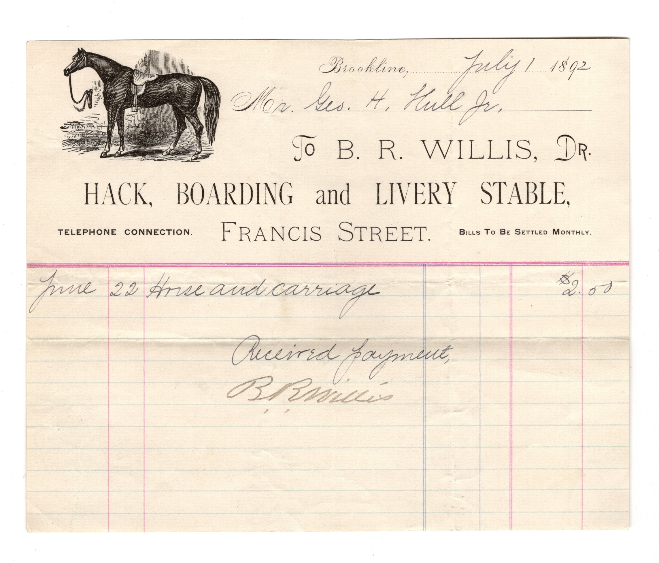1892 Brookline, Massachusetts Illustrated Billhead: B.R. Willis: Hack, Boarding and Livery Stable