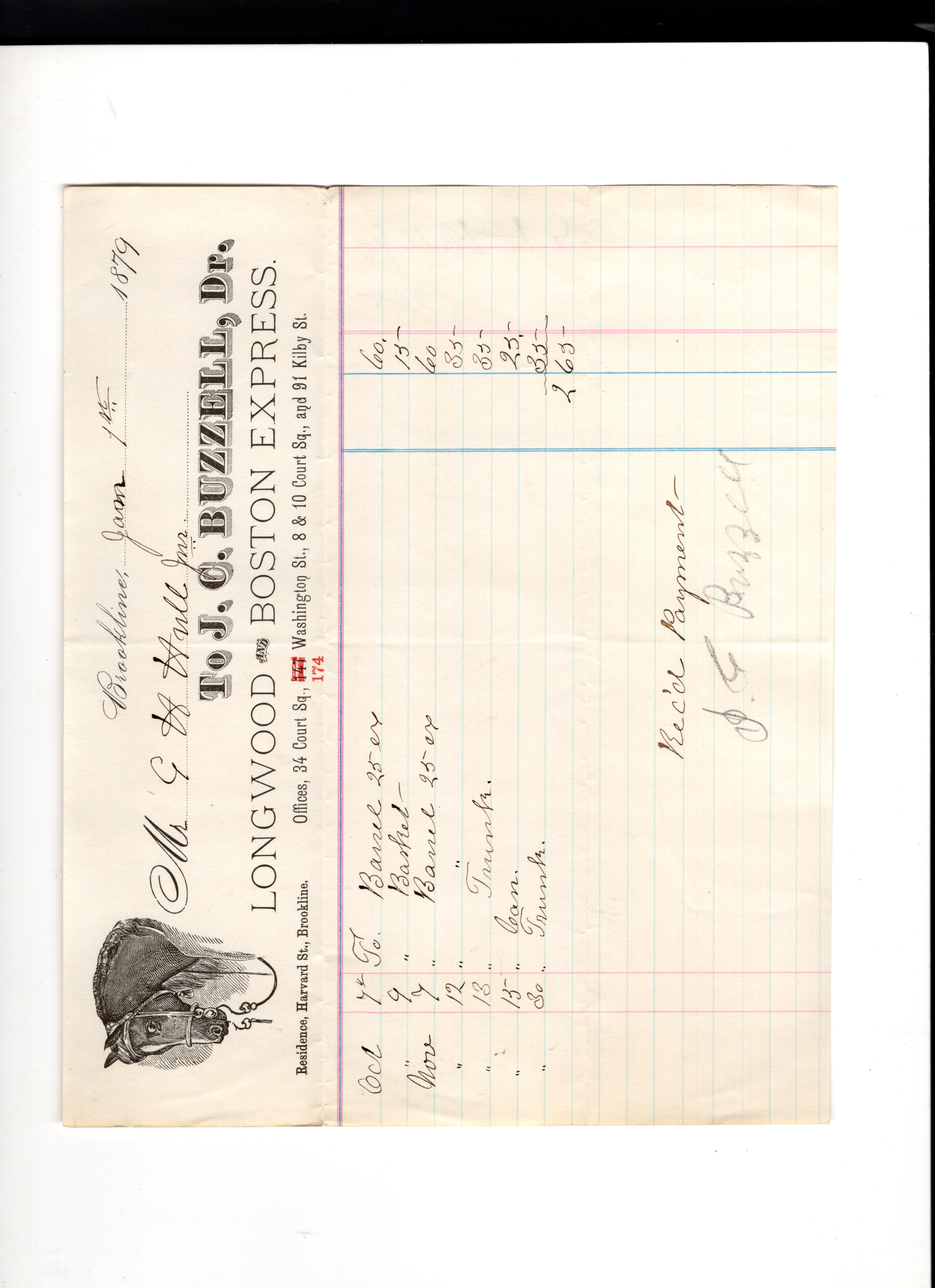 1879 Brookline, Massachusetts Illustrated Billhead: J.C. Buzzell, Longwood and Boston Express [Delivery Service]