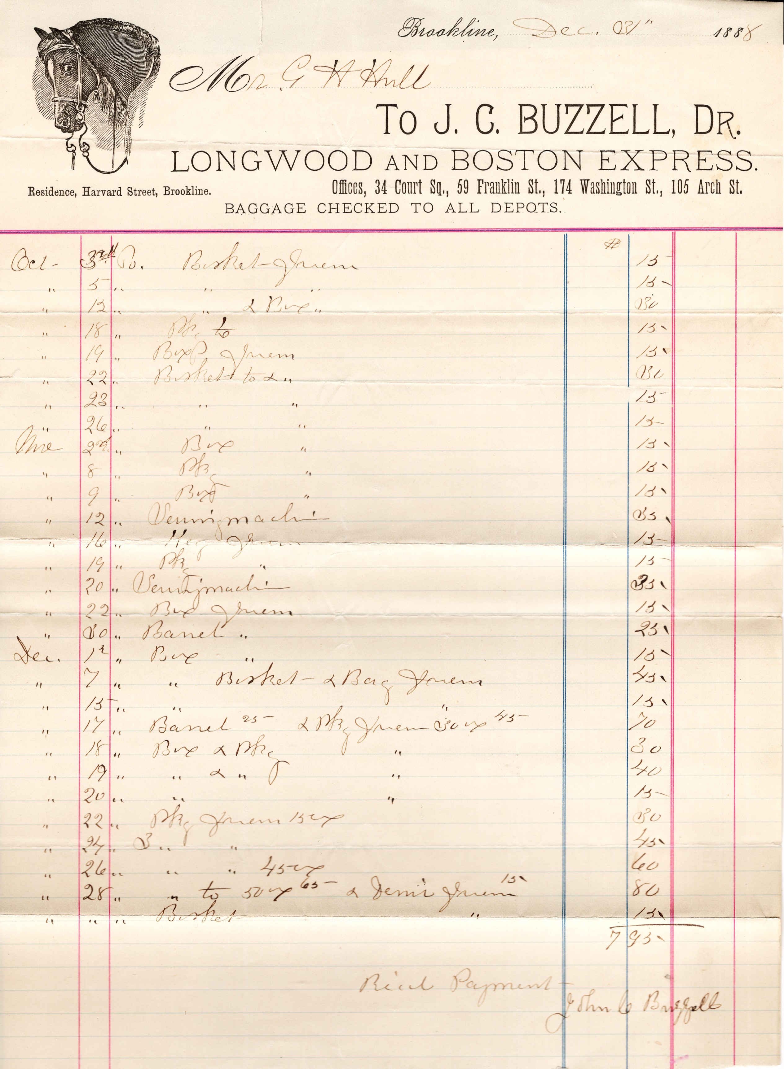 1888 Brookline, Massachusetts Illustrated Billhead: J.C. Buzzell, Longwood and Boston Express [Delivery Service]
