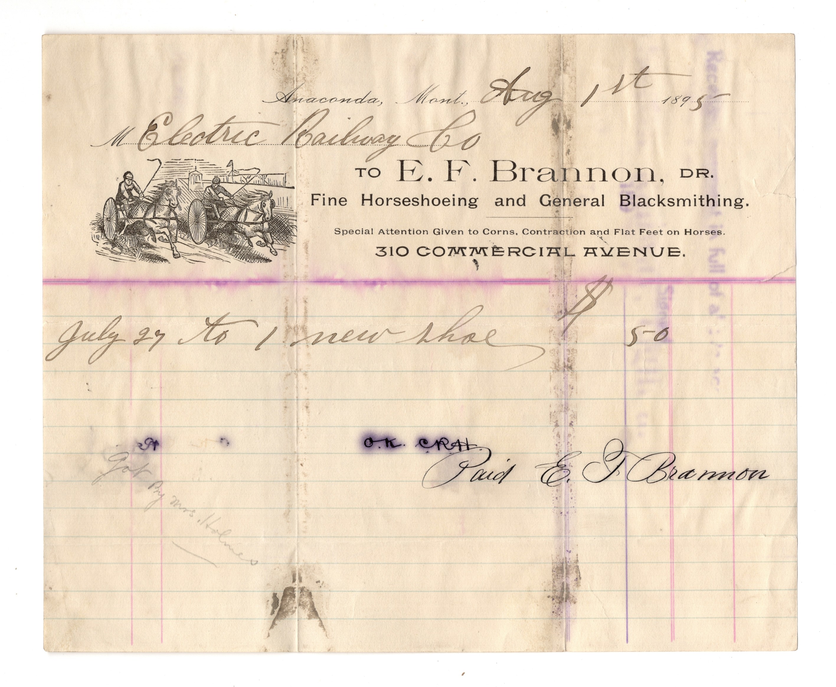 1895 Anaconda Montana Illustrated Billhead: E.F. Brannon, Fine Horseshoeing and General Blacksmithing