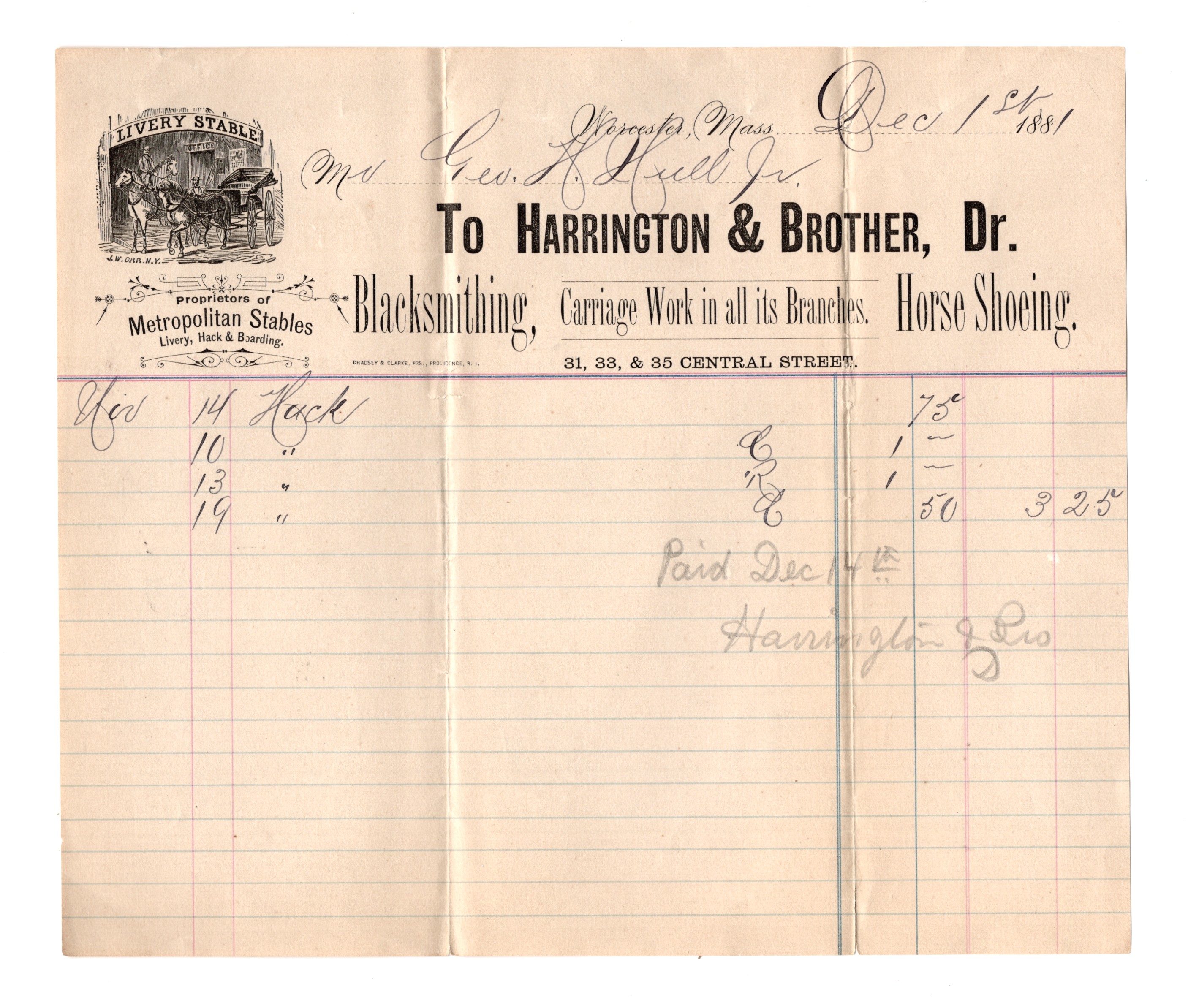 1881 Worcester, Massachusetts Illustrated Billhead: Harrington & Brother, Proprietors of Metropolitan Stables (Livery, Hack & Boarding) - Blacksmithing, Carriage Work in all its Branches, Horse Shoeing