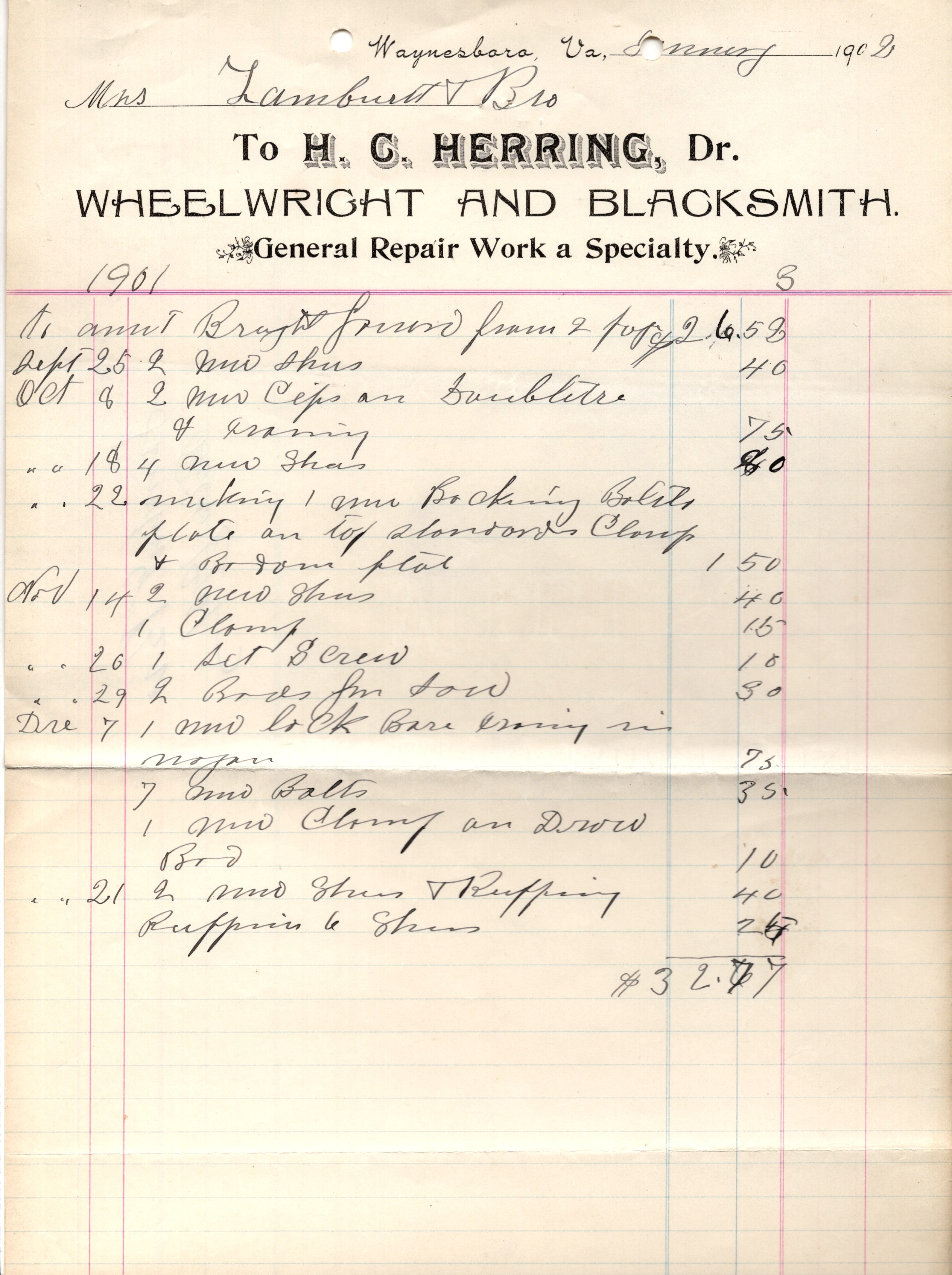 1902 Waynesboro, Virginia Billhead: H.G. Herring, Wheelwright and Blacksmith