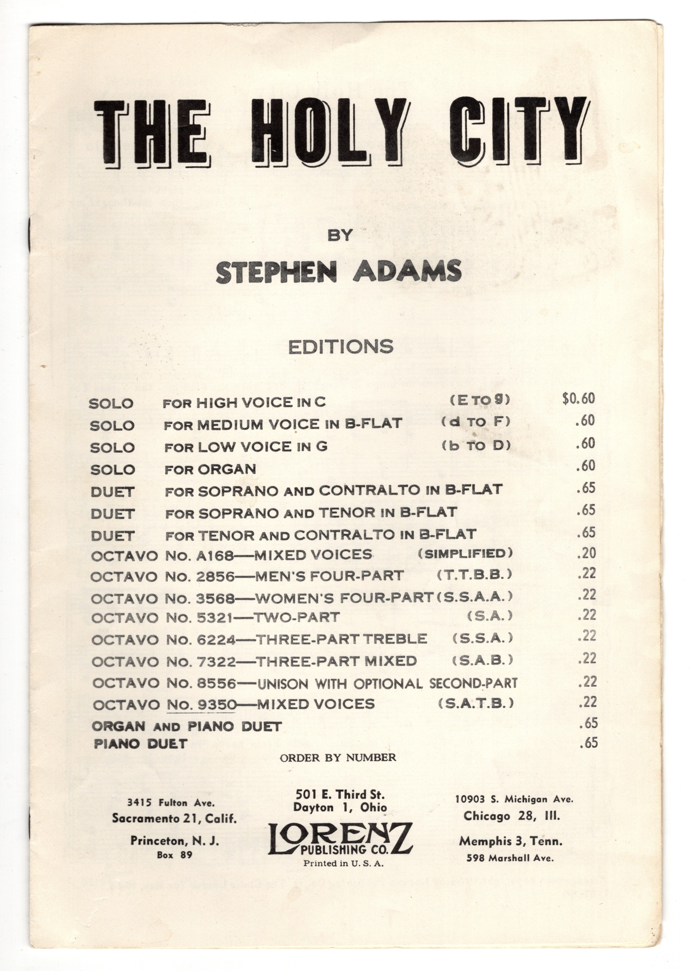 The Holy City, Octavo No. 9350 - Mixed Voices (S.A.T.B.)