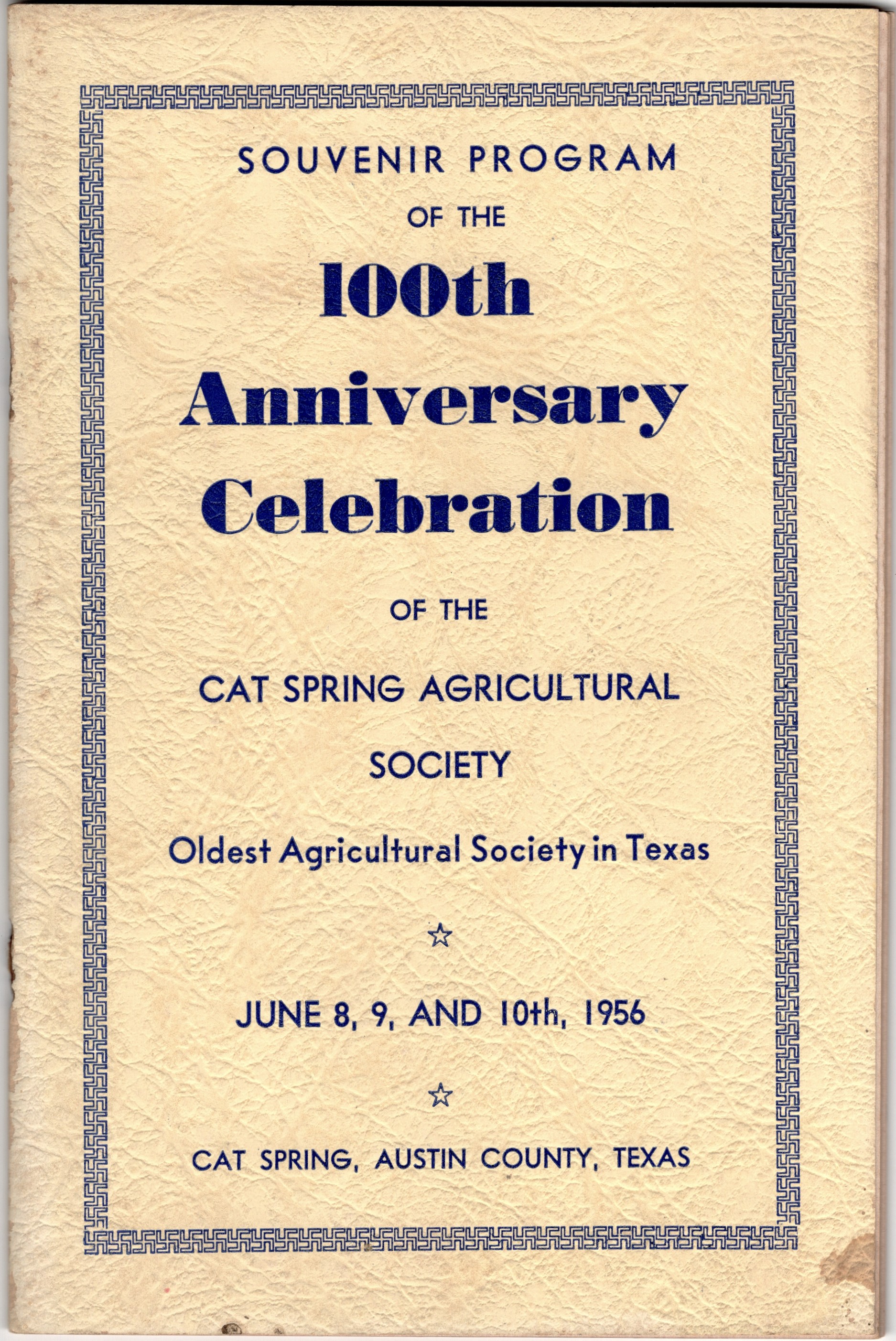 Souvenir Program of the 100th Anniversary Celebration of the Cat Spring Agricultural Society in Texas