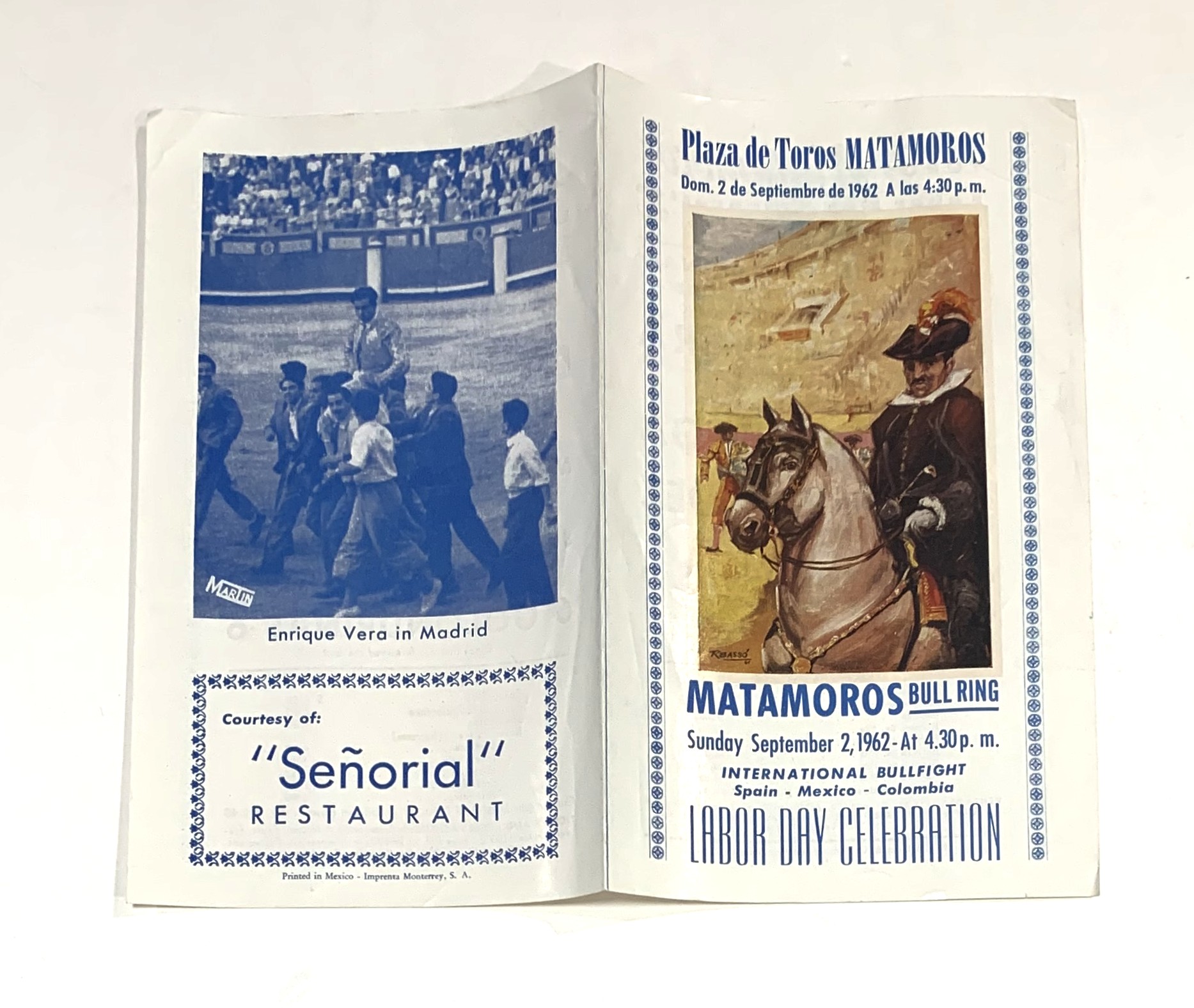 Matamoros Bull Ring, Plaza del Toros, Bullfight Promotional Sheet, September 2, 1962