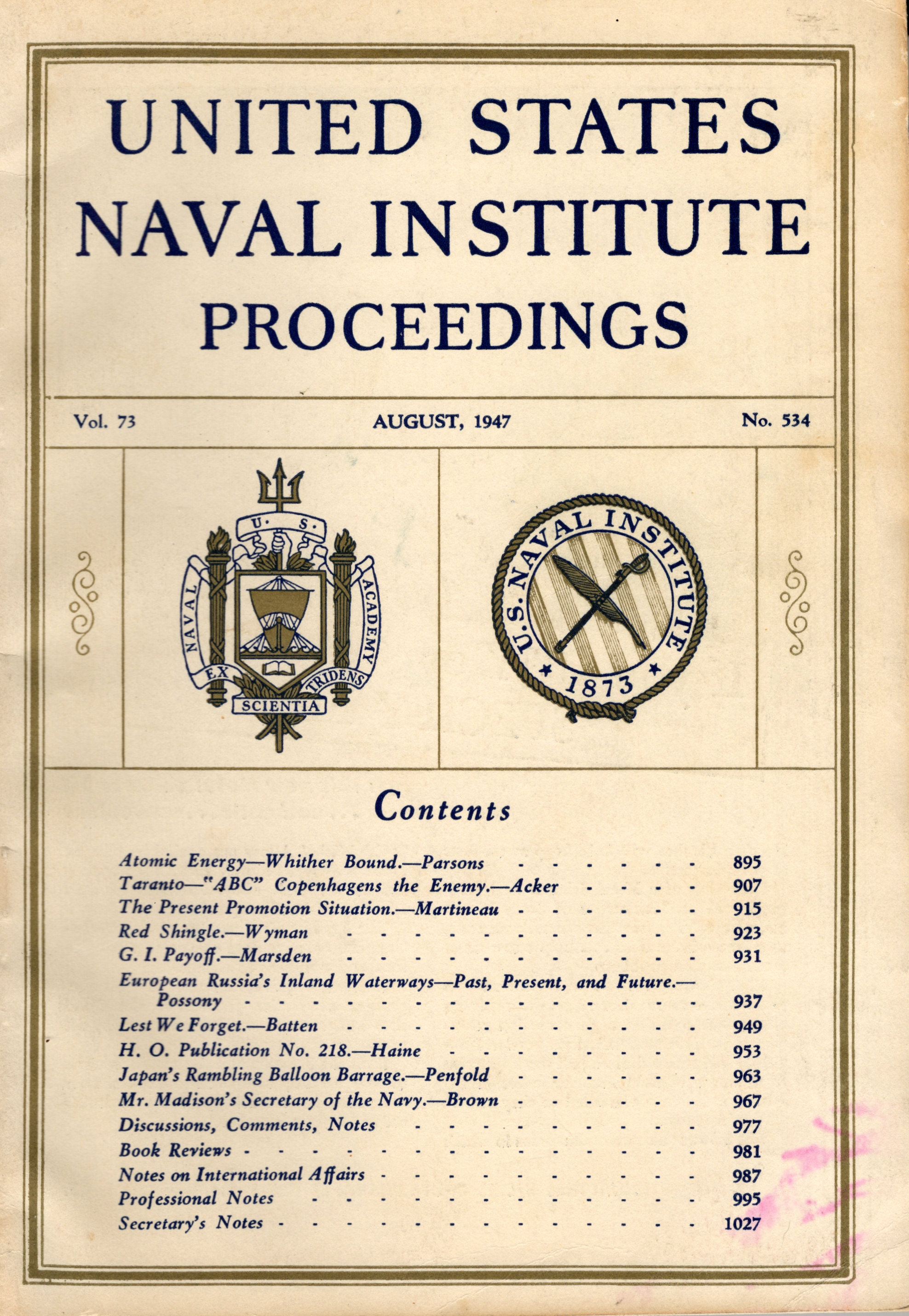 Image for United States Naval Institute Proceedings, Vol. 73, No. 534, August 1947 United States Naval Institute Proceedings, Vol. 73, No. 534, August 1947