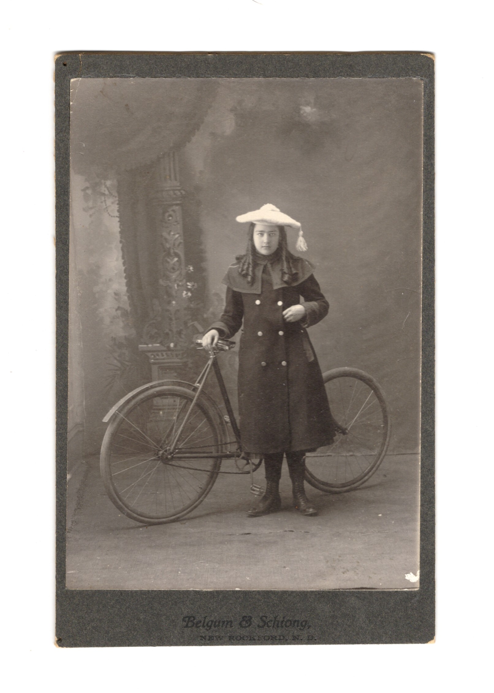 Cabinet Card Photograph, 1905- Girl with Bicycle, Dressed to Ride, by Belgum & Schiong, New Rockford, North Dakota
