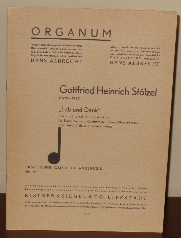 Image for "Lob und Dank" Choral und Arie A-Dur für Tenor, Sopran, vierstimmigen Chor, Oboe d'amore 2 violinen, Viola und Basso continuo. Organum - Erste Reihe: Geistl. Gesangsmusik Nr. 29