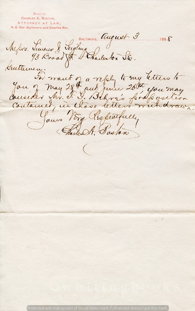 Image for [Ephemera] [Legal] Handwritten, Signed Letter from Baltimore Attorney Charles A. Boston to Simons & Siegel of Charleston, South Carolina