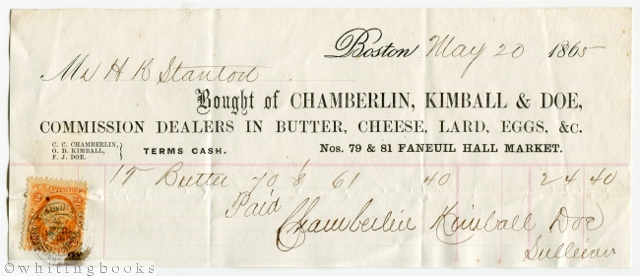Image for 1865 Boston Billhead: Chamberlin, Kimball & Doe - Commission Dealers in Butter, Cheese, Lard, Eggs, etc.