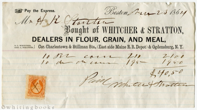 Image for 1864 Boston Billhead: Whitcher & Stratton -  Dealers in Flour, Grain, and Meal