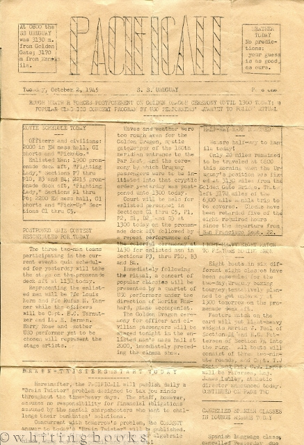 Image for PACIFICALL: Newsletter of the S.S. Uruguay, World War II U.S. Army Troopship - October 2, 1945
