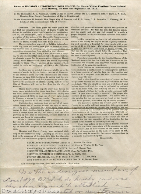 Image for 1912 Petition from the Houston Anti-Tuberculosis League, Dr. Elva A. Wright, President, for the Requirements of a Tuberculosis Hospital Proposed by the Commissioners' Court of Harris County; Signed by Members of the Local #79 O.P.I.A. (Houston)