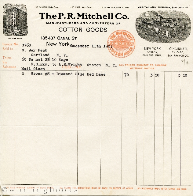 Image for 1907 Billhead from P.R. Mitchell Co., New York Manufacturers and Converters of Cotton Goods