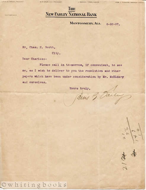 Image for 1907 Letterhead from New Farley National Bank in Montgomery, Alabama, Signed Farley, Pres.