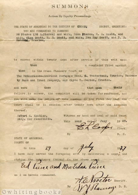1927 Cross County, Arkansas Court Summons - Action by Equity Proceedings, Sheriff H.E. Proctor